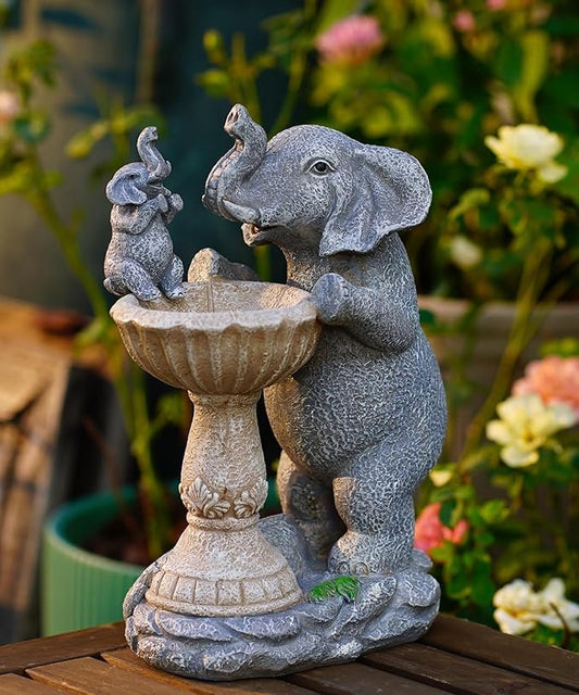 Solar Elephant Bird Bath Garden Statue - 8.67-Inch Polyresin Outdoor Decor