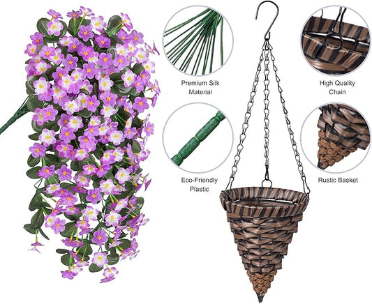 Hanging faux flower basket with fuchsia orchid blooms and woven rattan cone