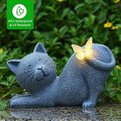 Solar Cat Garden Statue with Lighted Butterfly - IP65 Resin Outdoor Decor