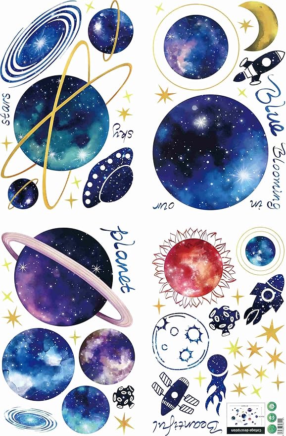3D Galaxy Wall Decals – Removable Blue & Purple Milky Way Space Wall Stickers | 4 Sheets | Kids Bedroom & Living Room Decor