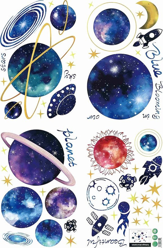 3D Galaxy Wall Decals – Removable Blue & Purple Milky Way Space Wall Stickers | 4 Sheets | Kids Bedroom & Living Room Decor