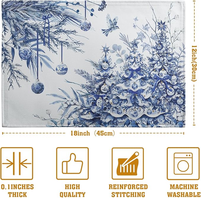 Rectangular blue-and-white Christmas tree placemat with stitched border edge