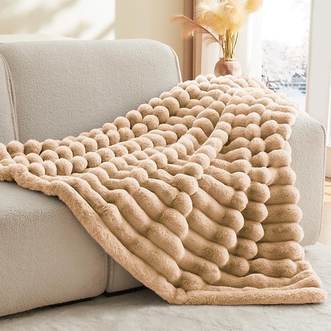 Brown Faux Rabbit Fur Throw Blanket – 60"x80" | 770GSM Double-Sided Luxury Fluffy Blanket | 3D Striped Plush Throw for Two