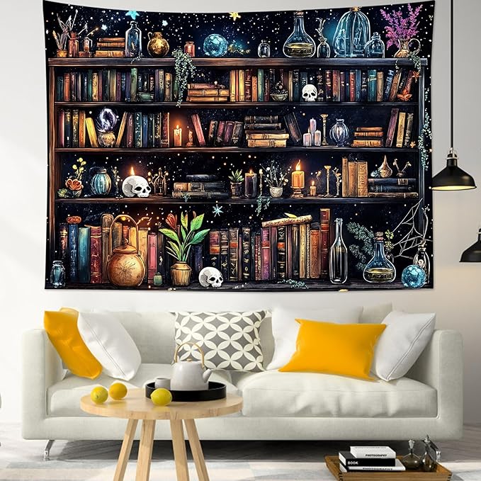 Magic Bookshelf Tapestry (Extra Large) – 70.9"x92.5" Vintage Witchy Books Gothic Wall Hanging | Dark Academia Starry Sky Decor for Bedroom & Living Room