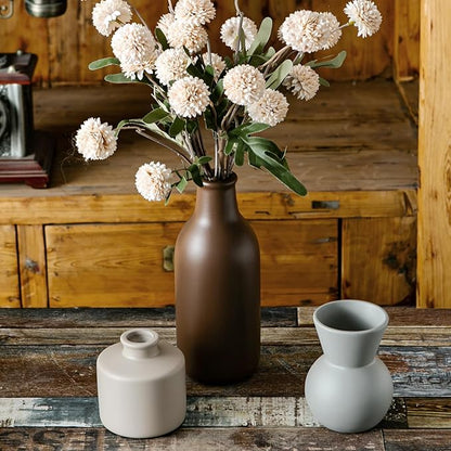 Matte ceramic vase set with faux chrysanthemum stems in brown and light gray vases