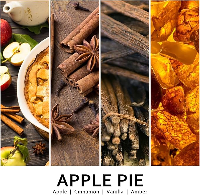 Apple pie candle fragrance graphic with cinnamon sticks, pie, and warm flame