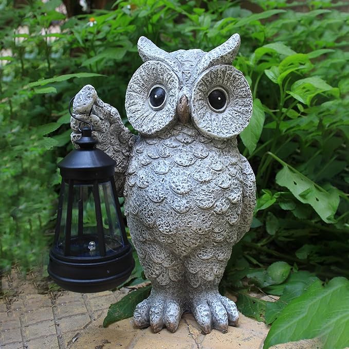 Solar Owl Garden Statue Holding Lantern - Realistic Resin Outdoor Decor