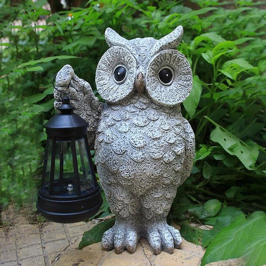 Solar Owl Garden Statue Holding Lantern - Realistic Resin Outdoor Decor