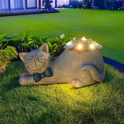 Cat Solar Garden Statue with Succulent and LED Lights - Waterproof Resin Decor