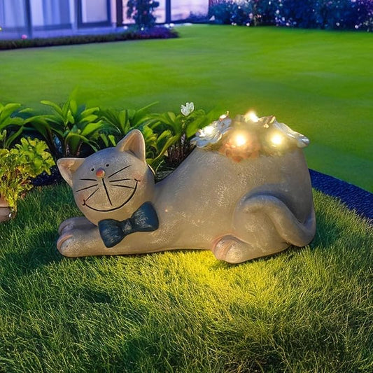 Cat Solar Garden Statue with Succulent and LED Lights - Waterproof Resin Decor