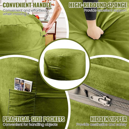 4ft Fern Green Velvet Bean Bag Chair - Soft Sponge Fill Lounger for Nature-Inspired Rooms, Family Reading, and Gaming