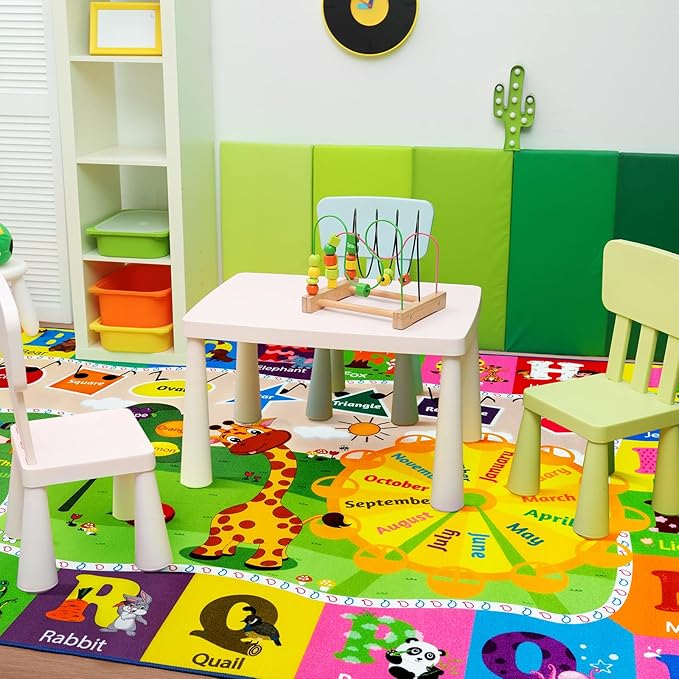 Rectangular kids play mat with animal tracks, month names, and colorful learning paths