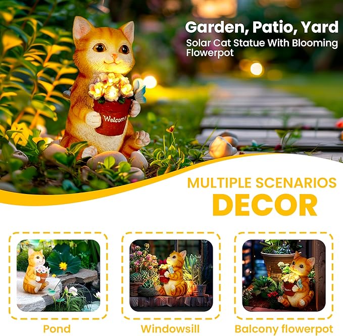 Cat Solar Garden Statue with Flower Pot and 5 LED Lights - Resin Outdoor Decor