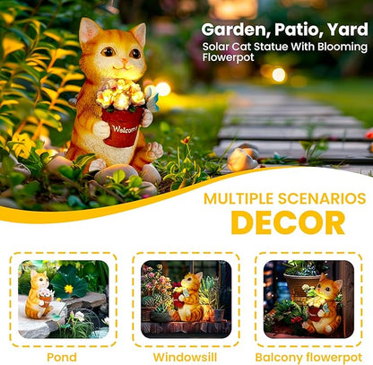 Cat Solar Garden Statue with Flower Pot and 5 LED Lights - Resin Outdoor Decor