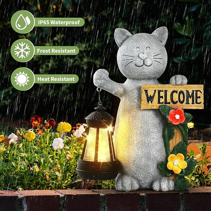 Cat Solar Garden Statue with Lantern and Welcome Sign - IP65 Resin Decor