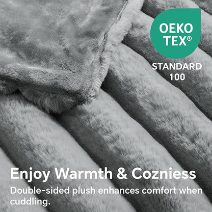 Grey Faux Rabbit Fur Throw Blanket – 60"x80" | 770GSM Double-Sided Luxury Fluffy Blanket | 3D Striped Plush Throw for Two