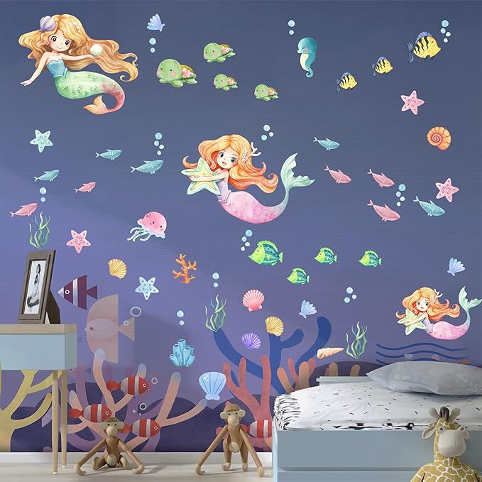 Glow in the Dark Mermaid Wall Decals – 68 Pcs Blue Glow Ocean Stickers | Mermaid Turtle Seahorse Jellyfish Starfish | Peel & Stick Ceiling Wall | Nursery Playroom Bedroom Gift