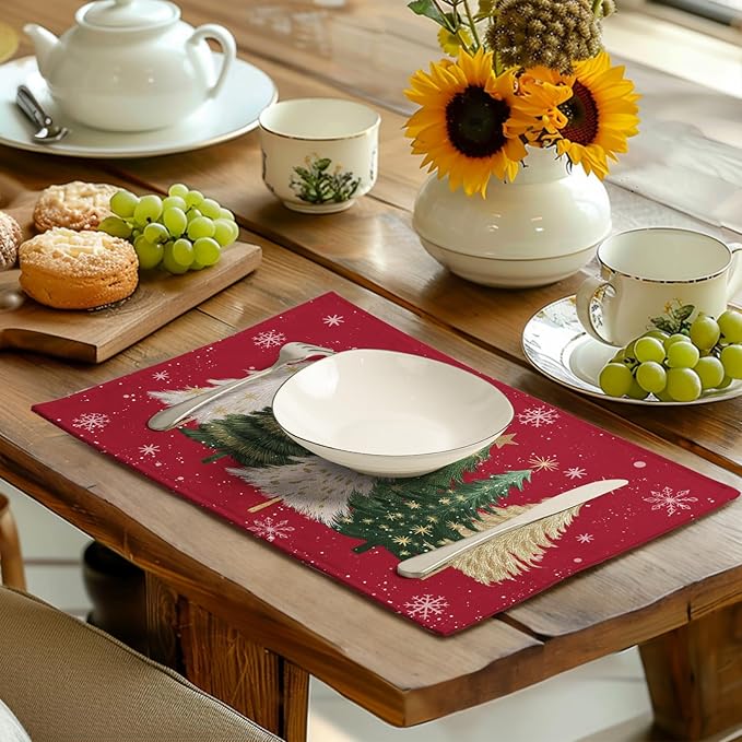 Red rectangular Christmas placemat with fir tree and snowflake print