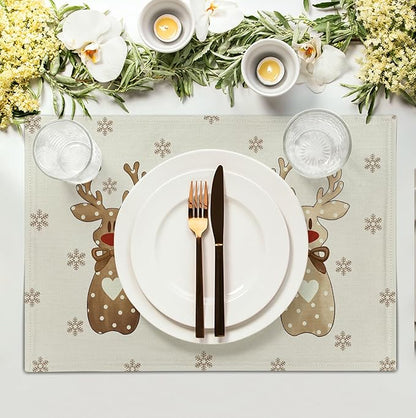 Beige reindeer snowflake placemat with brown elk figures under a white plate