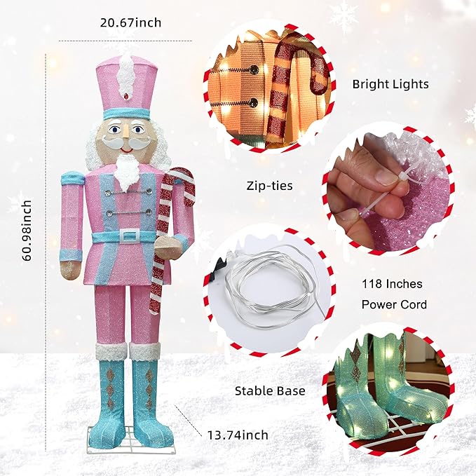 Infographic showing a tall nutcracker figure with purple hat, blue coat, and glowing lights