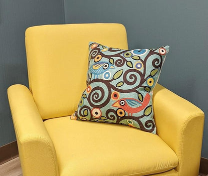 Bird and floral embroidered pillow cover with multicolor swirl pattern