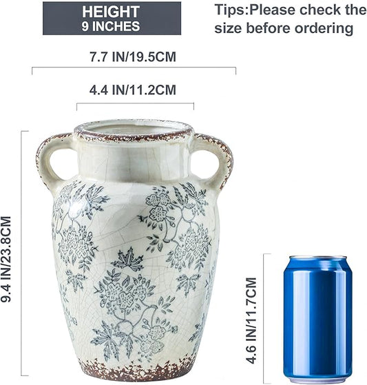 Blue and white chinoiserie ceramic vase with double handles, height graphic