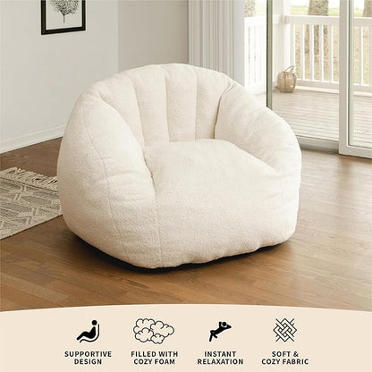 Ivory White Boucle Cloudberry Cocoon Bean Bag Chair - Giant Structured Round Lounge Chair for Nursery, Reading Corner, and Any Interior Ready for One Extraordinary Seat