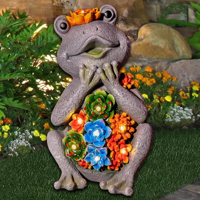 Solar Frog Garden Statue with 8 LED Lights and Succulent Planter Design