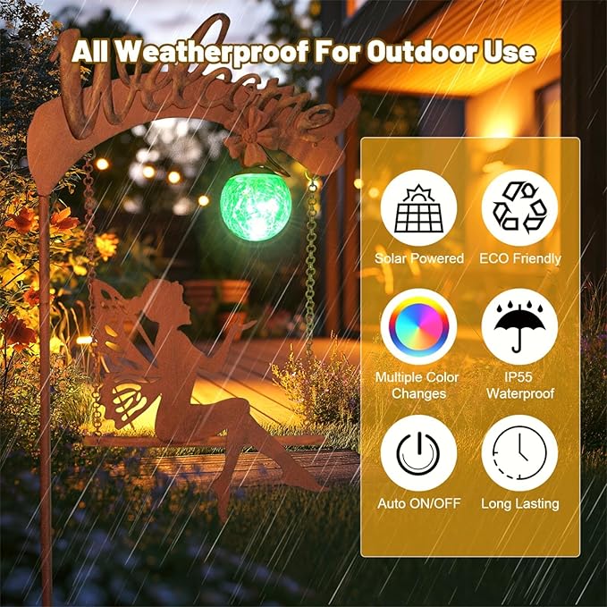 Solar fairy garden light in rain with rust stake and glowing green sphere