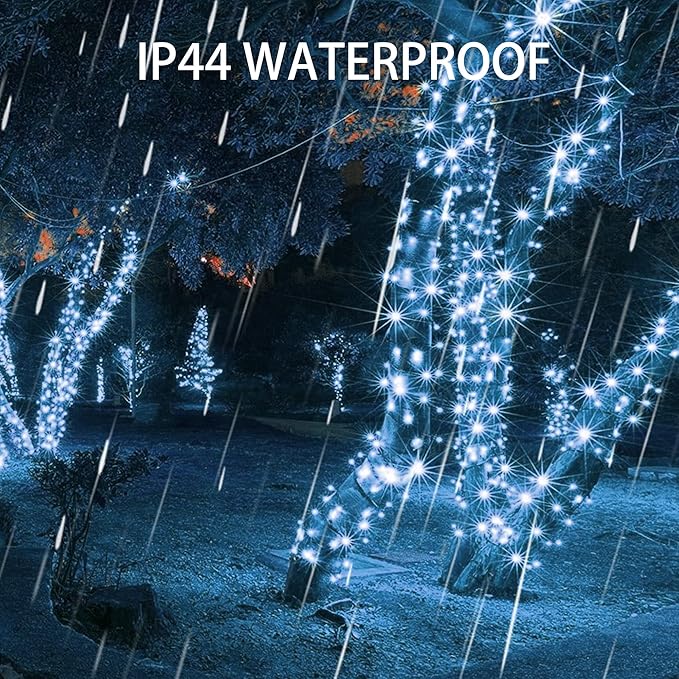 IP44 waterproof Christmas LED string lights with cool white bulbs on green wire