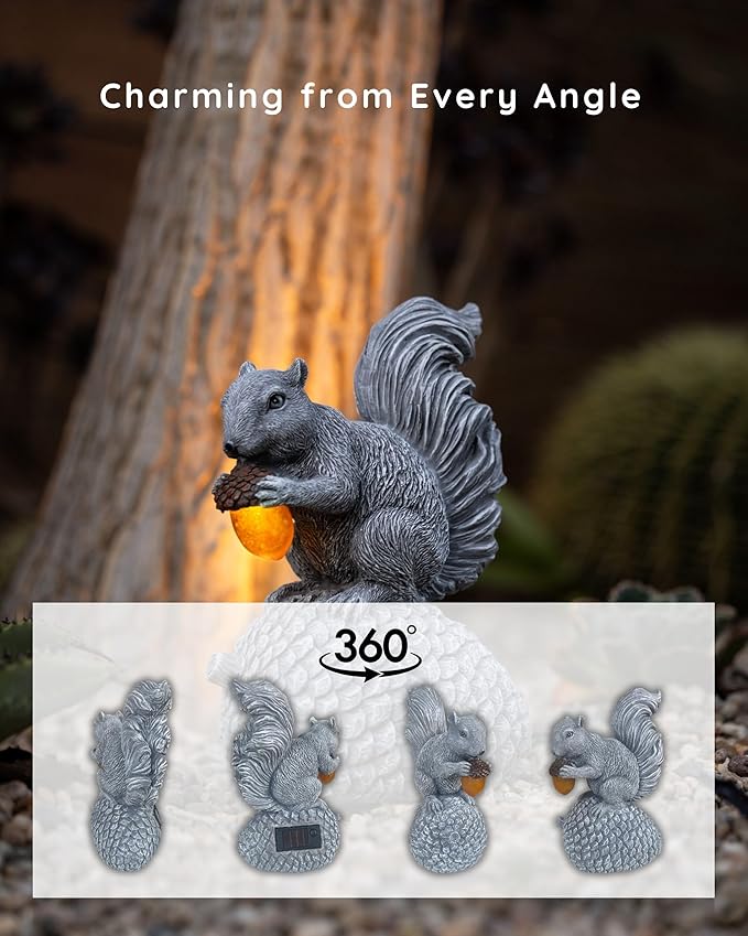 Solar Squirrel Garden Statue with Glowing LED Acorn - Hand-Painted Resin Decor