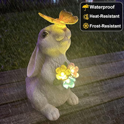 Solar Bunny Garden Statue with LED Light - IP44 Waterproof Resin Outdoor Rabbit Decor