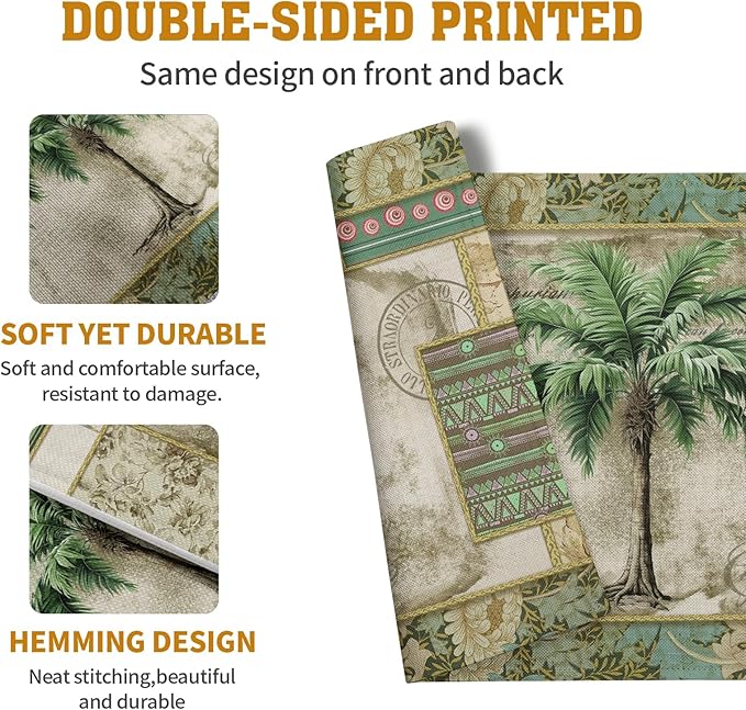 Double-sided tropical placemat with palm tree illustration and green geometric corner print.