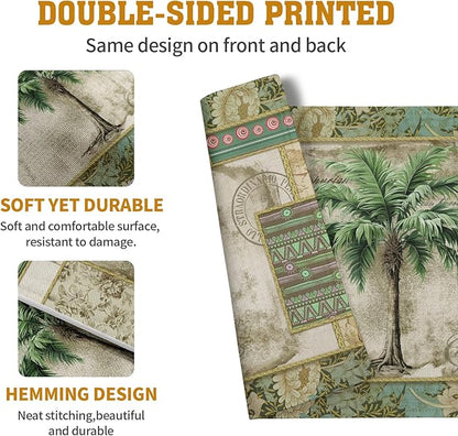 Double-sided tropical placemat with palm tree illustration and green geometric corner print.