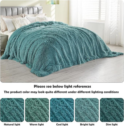Light Teal Shaggy Faux Fur Queen Blanket – 90"x90" | 1.5" Deep Plush Pile | Serene Spa-Inspired Throw for Queen Beds & Calm Interiors