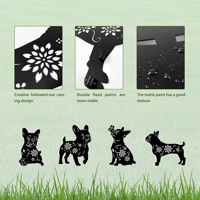 Black metal dog silhouette stakes with floral cutout designs and matte finish