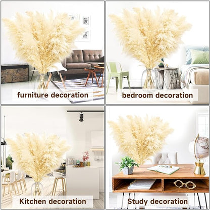 Dried beige pampas grass stems styled in a clear vase across room decor