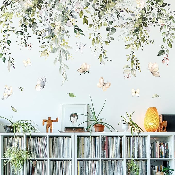 Floral leaf and vine wall decal with butterflies on the upper wall