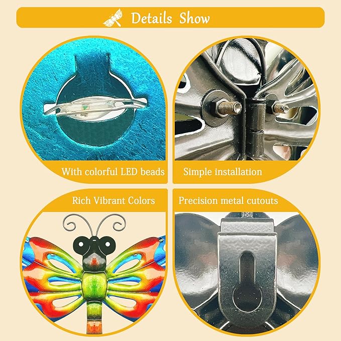 Metal dragonfly wall art details with colorful LED beads and precision metal cutouts