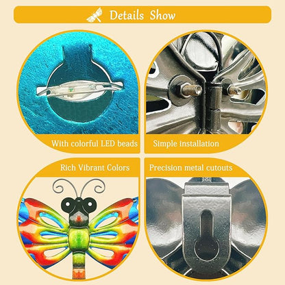 Metal dragonfly wall art details with colorful LED beads and precision metal cutouts
