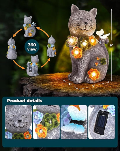 Cat Solar Garden Statue with Flowers, Butterfly, and 6 LED Lights - Waterproof Resin Decor