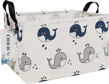 Whale Print Canvas Storage Basket - Waterproof Collapsible Nursery Basket for Toys, Laundry, and Baby Gifts