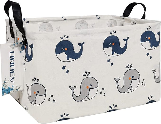 Whale Print Canvas Storage Basket - Waterproof Collapsible Nursery Basket for Toys, Laundry, and Baby Gifts