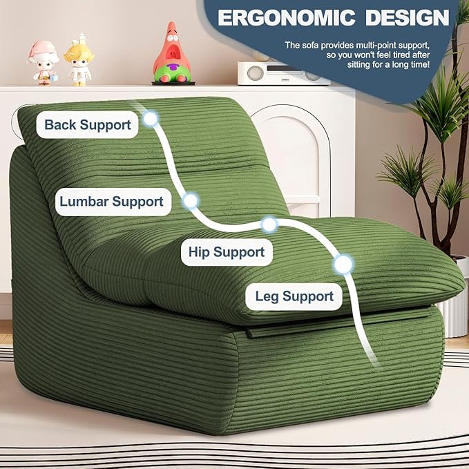 Forest Green Corduroy Ergonomic Floor Lounge Chair - Structured Memory Foam Seat with Lumbar Support for Biophilic Interiors, Nursery, and Focused Reading