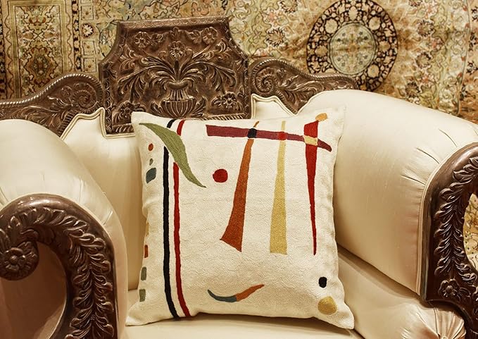Cream abstract throw pillow cover with multicolor geometric lines and dots