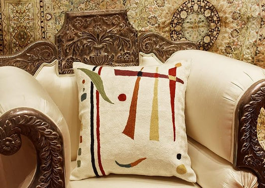 Cream abstract throw pillow cover with multicolor geometric lines and dots
