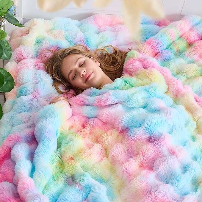 Rainbow Bubble Faux Fur Queen Blanket – 90"x90" | 800GSM Big Bubble Rabbit Fluff | Thick Plush Shaggy Bed Blanket for Queen Beds