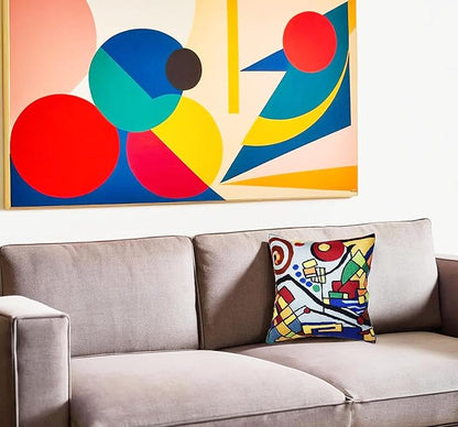 Embroidered abstract geometric pillow cover with multicolor shapes on light base