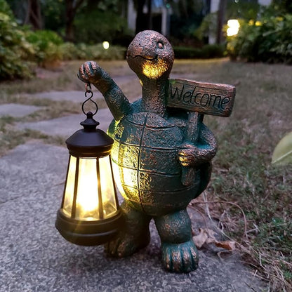 Solar Turtle Garden Statue with Welcome Sign and Lantern - 10-Inch Resin Decor