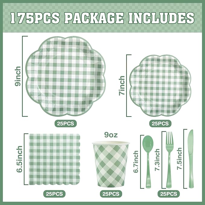 Sage green gingham tableware set assortment showing plates, cups, cutlery, and napkins
